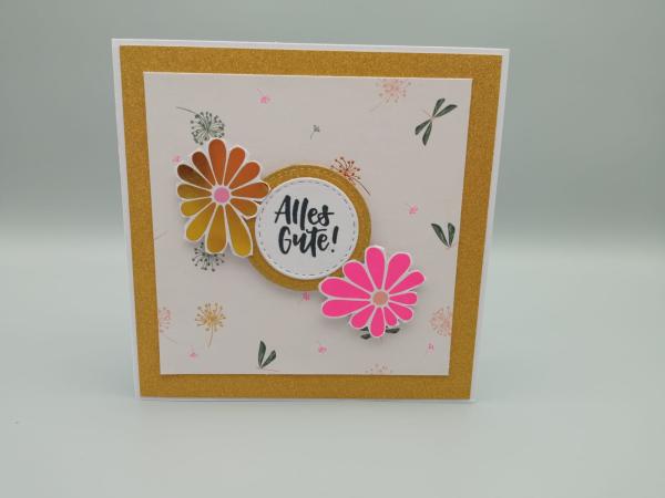 Geburtstagskarte „Alles Gute!“ – Blumenzauber im goldenen Glitzer-Rahmen